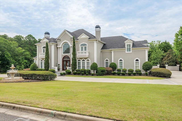 view of front of home with french doors, a balcony, and a front lawn