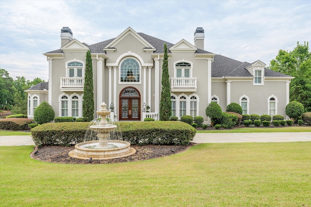 view of front of property featuring a balcony, a front yard, and french doors