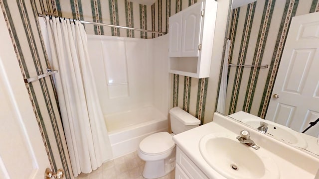 431 Connemara Trl, Evans, GA 30809 - bathroom with wallpapered walls, vanity, and shower / tub combo with curtain