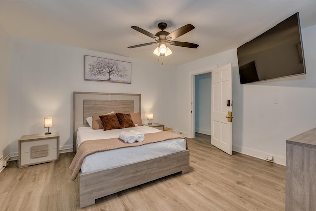 bedroom with ceiling fan and light hardwood / wood-style flooring