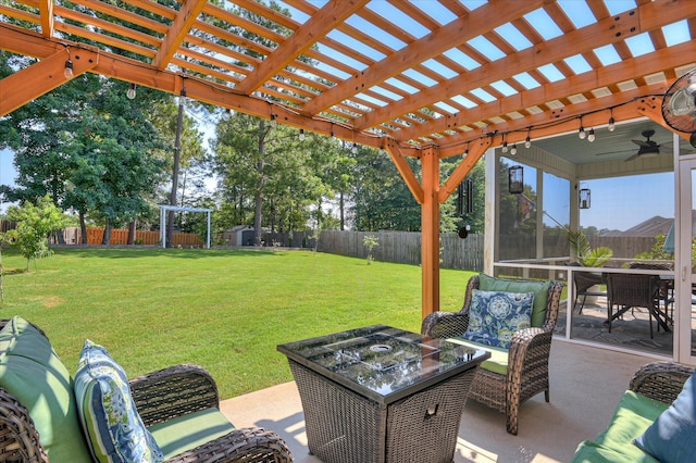 714 Neville St, Grovetown, GA 30813 - fenced backyard with an outdoor hangout area, a pergola, and ceiling fan