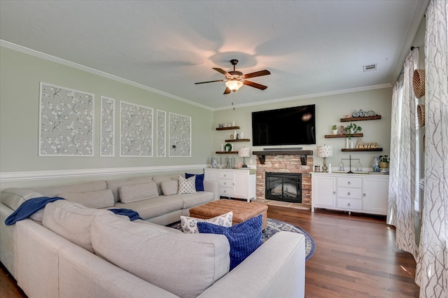 714 Neville St, Grovetown, GA 30813 - living area with ornamental molding, dark wood-style flooring, a stone fireplace, and a ceiling fan