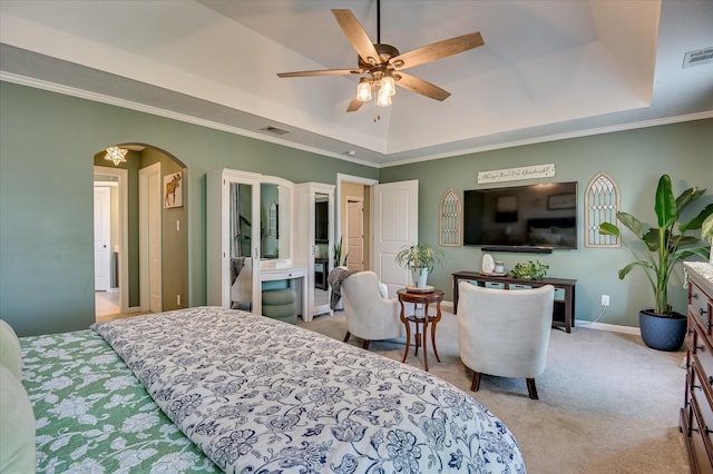 714 Neville St, Grovetown, GA 30813 - bedroom featuring a raised ceiling, carpet flooring, arched walkways, ornamental molding, and a ceiling fan