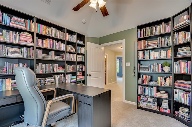 714 Neville St, Grovetown, GA 30813 - carpeted office space with a ceiling fan, bookshelves, and lofted ceiling