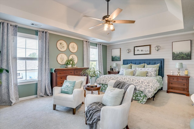 714 Neville St, Grovetown, GA 30813 - bedroom with a tray ceiling, carpet flooring, ceiling fan, and wooden walls