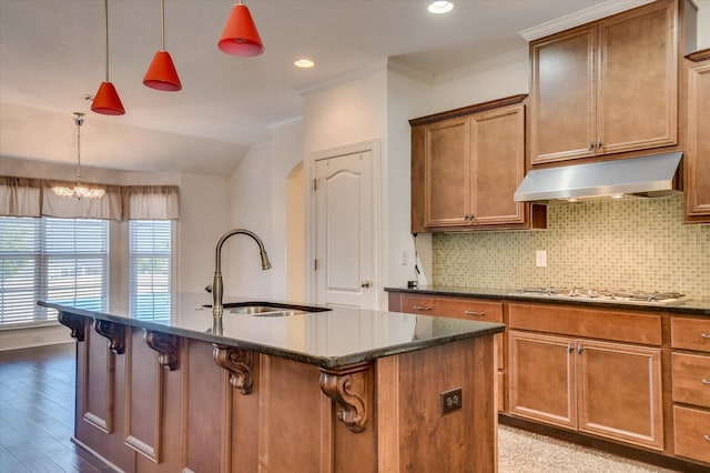 kitchen with stainless steel gas cooktop, backsplash, ventilation hood, and a sink