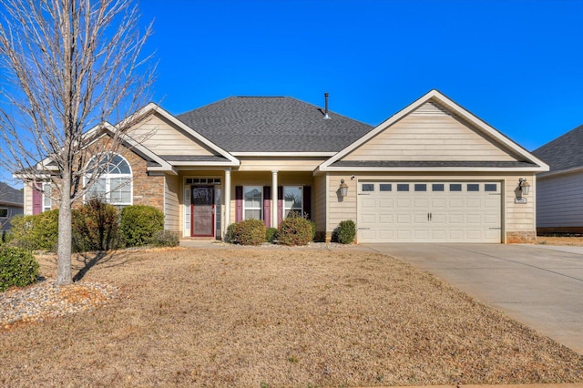 ranch-style house featuring concrete driveway, an attached garage, and a shingled roof