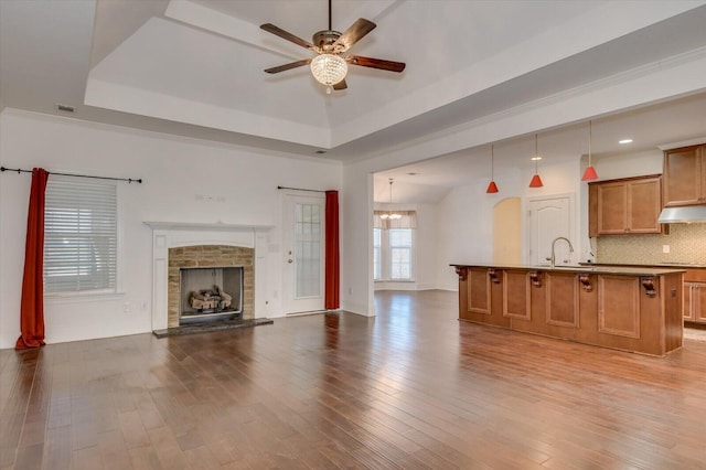 unfurnished living room with a sink, wood finished floors, a fireplace, a raised ceiling, and ceiling fan