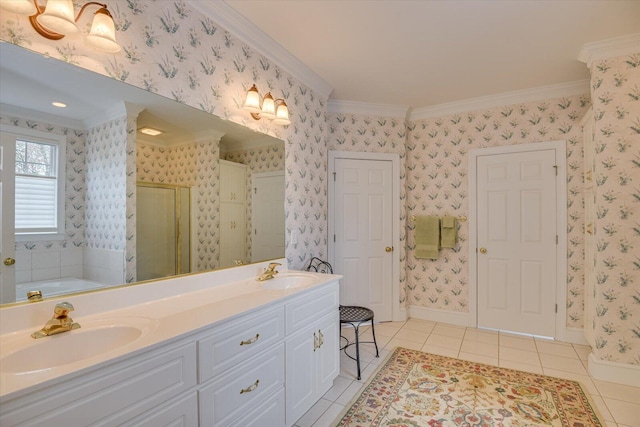 bathroom with tile patterned flooring, vanity, independent shower and bath, and crown molding