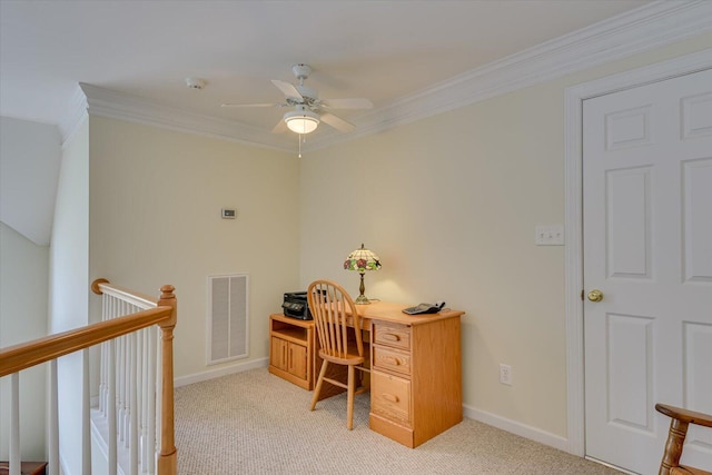 office space with ceiling fan, light colored carpet, and ornamental molding