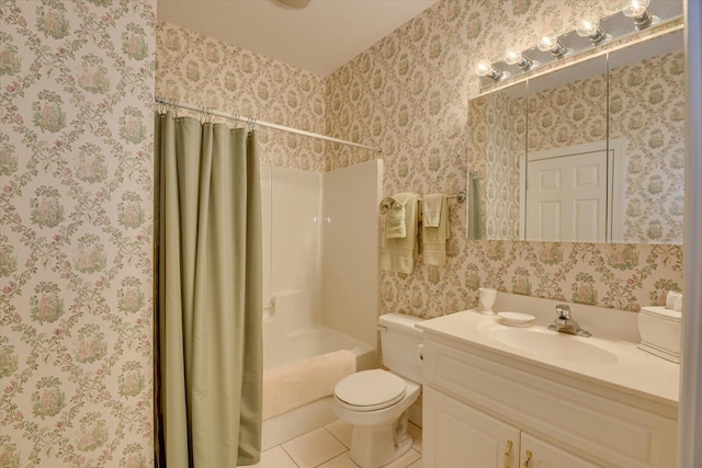 full bathroom with shower / bath combo with shower curtain, tile patterned flooring, vanity, and toilet