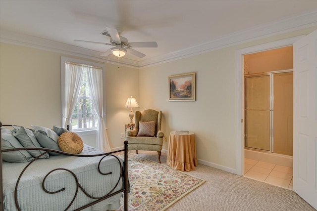 sitting room featuring ceiling fan, light tile patterned floors, and crown molding