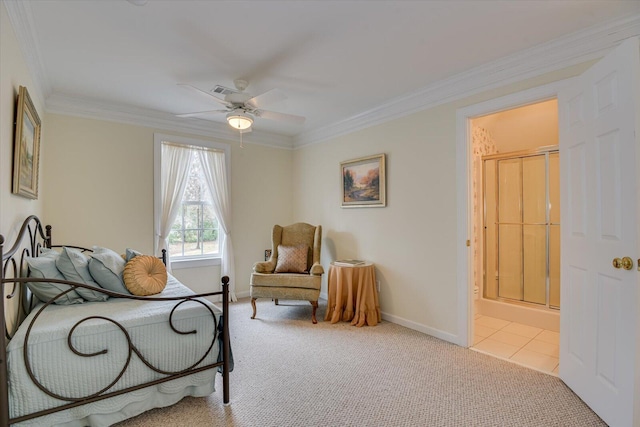 bedroom with ceiling fan, light colored carpet, crown molding, and ensuite bath