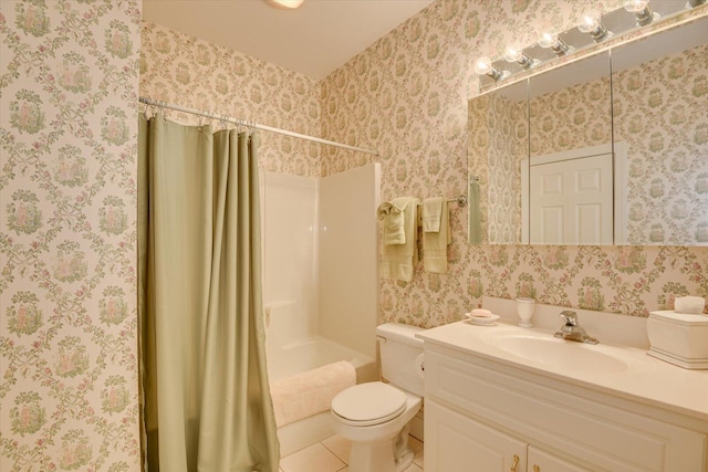 full bathroom featuring tile patterned flooring, shower / bath combo, toilet, and vanity