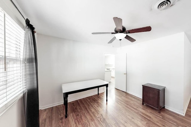 home office with a wealth of natural light, hardwood / wood-style floors, and ceiling fan