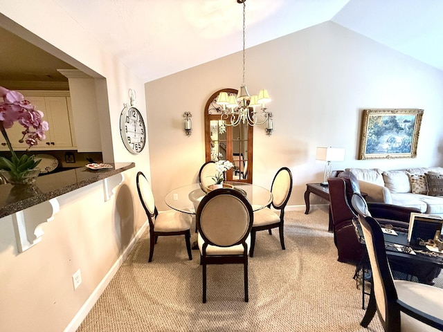 384 Connor Cir, Evans, GA 30809 - dining area with light colored carpet, a chandelier, baseboards, and lofted ceiling