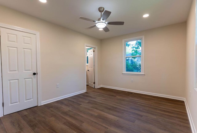 2011 Kennedy Dr, Augusta, GA 30904 - unfurnished bedroom with dark wood finished floors, recessed lighting, and a ceiling fan