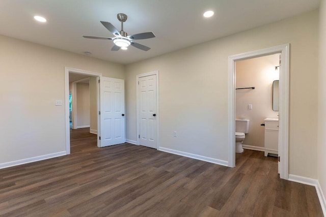 2011 Kennedy Dr, Augusta, GA 30904 - unfurnished bedroom featuring dark wood-style flooring, connected bathroom, recessed lighting, a closet, and a ceiling fan