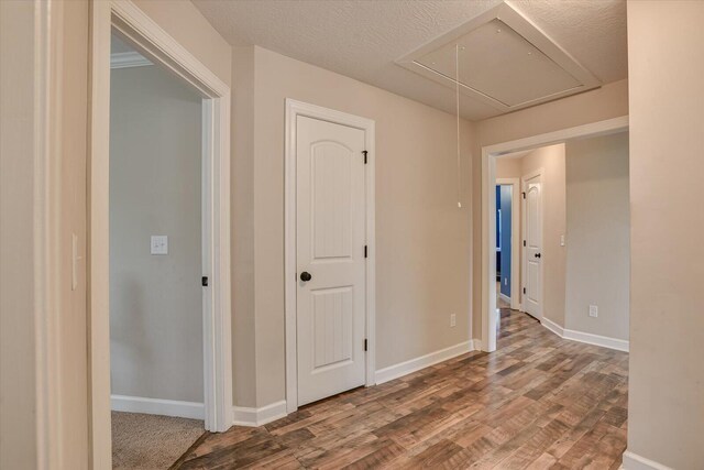 hallway with a textured ceiling and hardwood / wood-style flooring