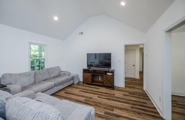 living room featuring high vaulted ceiling and dark wood-type flooring