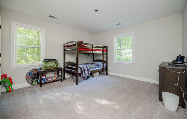 carpeted bedroom featuring multiple windows