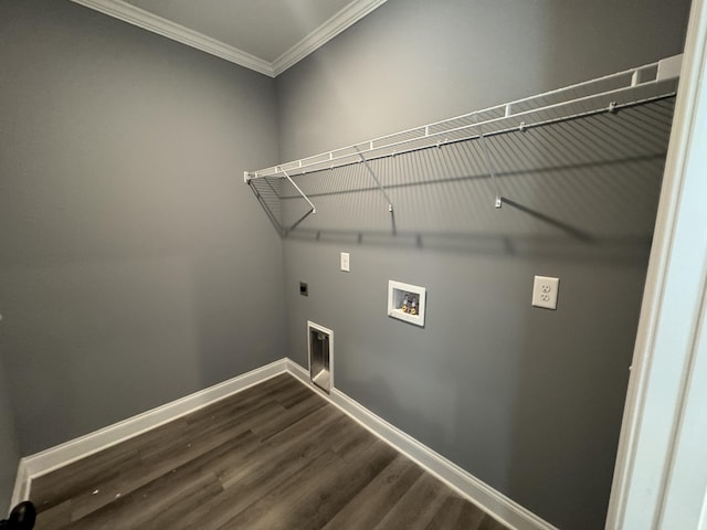 clothes washing area featuring hookup for a washing machine, laundry area, baseboards, dark wood-style floors, and electric dryer hookup