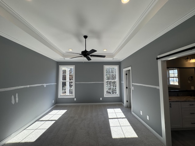 spare room featuring a tray ceiling, a healthy amount of sunlight, crown molding, and dark colored carpet