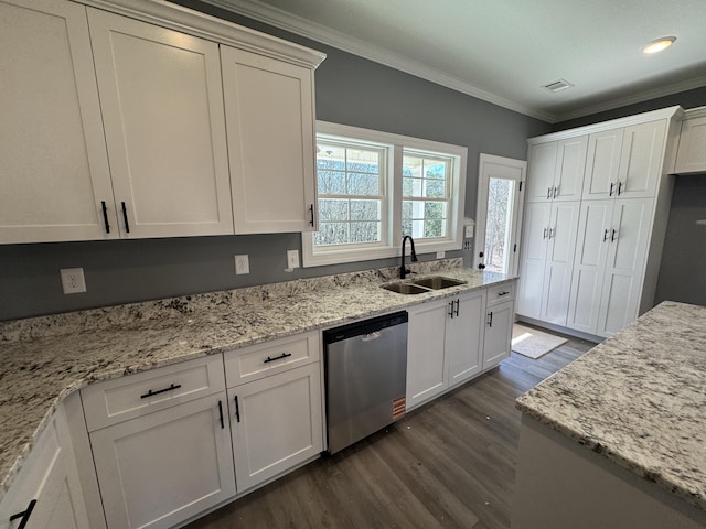 kitchen featuring dark wood-type flooring, a sink, white cabinetry, ornamental molding, and stainless steel dishwasher