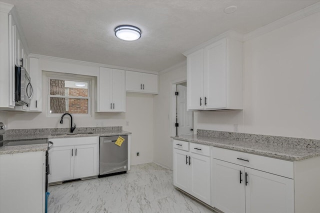 kitchen with dishwasher, a textured ceiling, white cabinetry, and sink