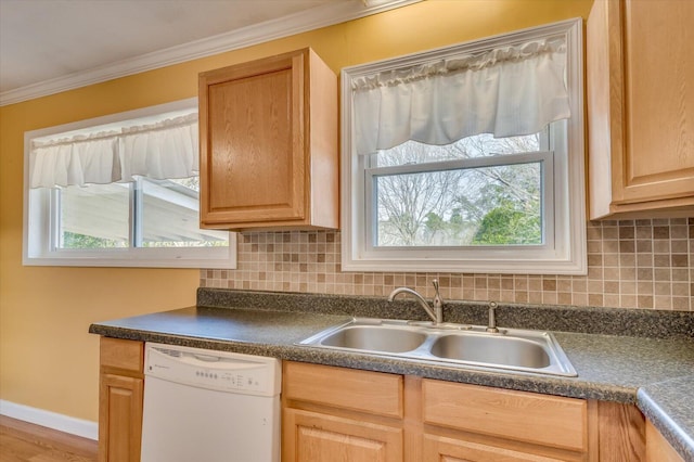 kitchen featuring crown molding, white dishwasher, tasteful backsplash, and a sink