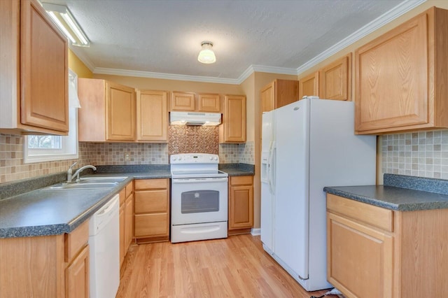 kitchen with white appliances, dark countertops, a sink, and under cabinet range hood