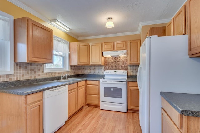 kitchen featuring dark countertops, white appliances, a sink, and under cabinet range hood