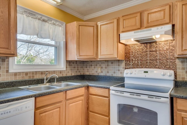 kitchen with under cabinet range hood, white appliances, a sink, ornamental molding, and dark countertops