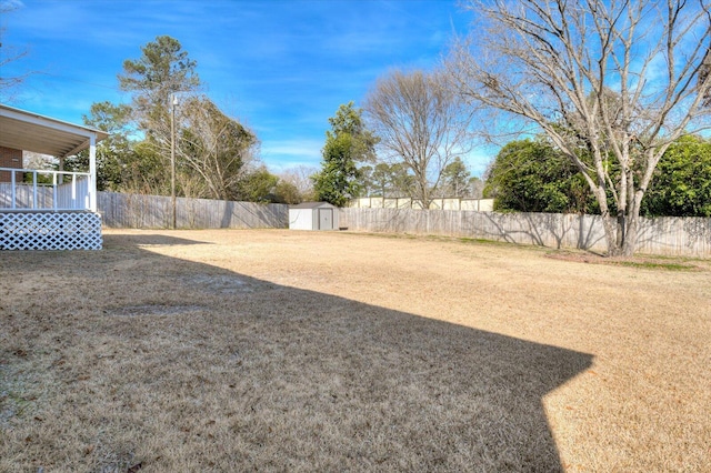 view of yard with a storage shed, an outdoor structure, and a fenced backyard