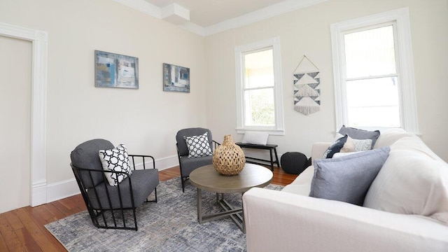 living room with ornamental molding and hardwood / wood-style floors