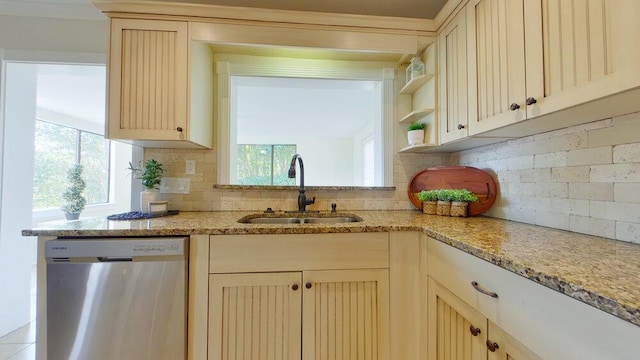 kitchen featuring sink, backsplash, stainless steel dishwasher, and light stone countertops