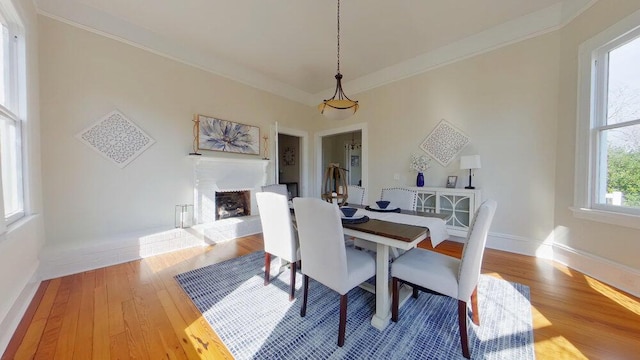 dining area with crown molding and hardwood / wood-style floors