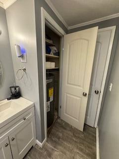 bathroom featuring hardwood / wood-style flooring, ornamental molding, and vanity