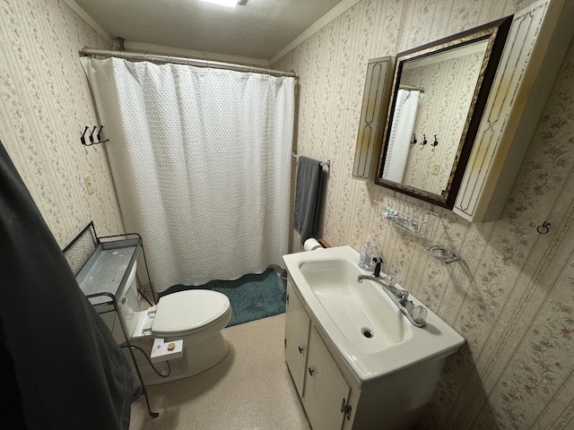 bathroom with ornamental molding, vanity, walk in shower, toilet, and a textured ceiling