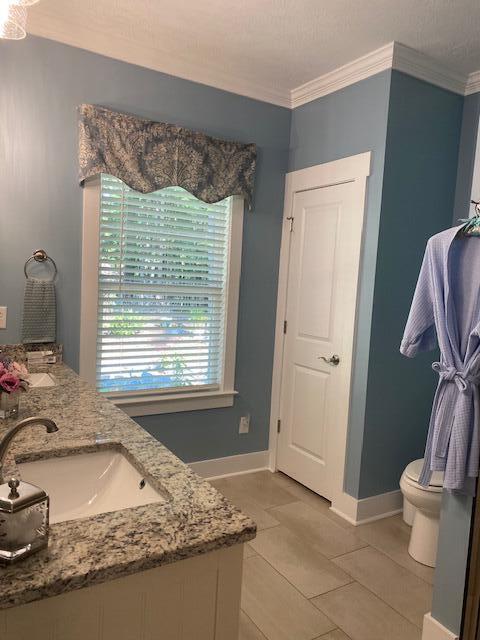 256 Candlewick Loop, Mccormick, SC 29835 - bathroom with crown molding, double vanity, and tile patterned floors