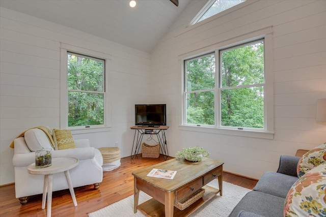 living room featuring hardwood / wood-style floors, plenty of natural light, and lofted ceiling