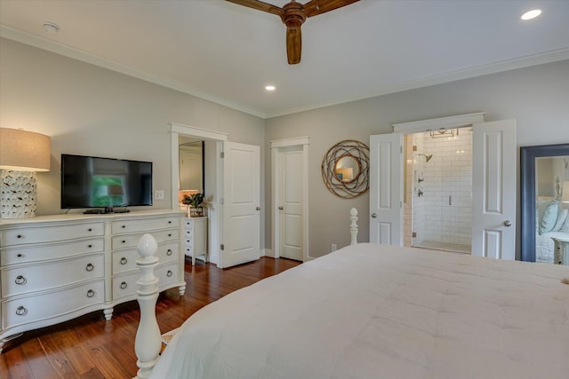 bedroom with dark hardwood / wood-style flooring, ensuite bathroom, ceiling fan, and crown molding