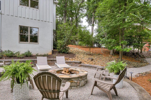 view of patio / terrace featuring a fire pit