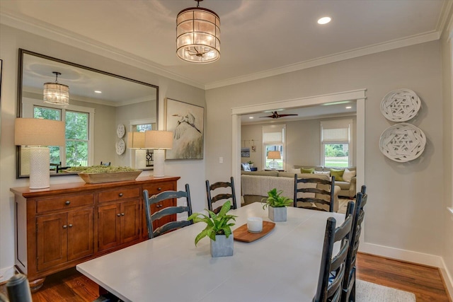 dining room featuring ceiling fan with notable chandelier, a healthy amount of sunlight, crown molding, and dark wood-type flooring