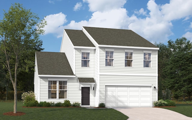 view of front of home with a front yard and a garage