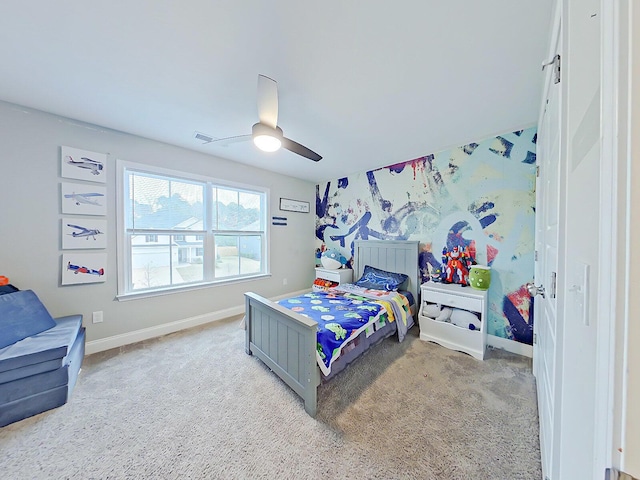 bedroom featuring carpet floors and ceiling fan