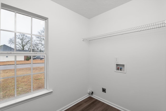 laundry area featuring dark hardwood / wood-style floors, hookup for a washing machine, a wealth of natural light, and hookup for an electric dryer