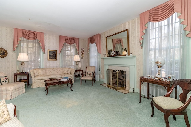 living room with carpet flooring and radiator