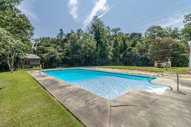 view of pool with a patio area and a yard