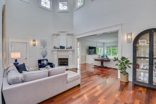 324 E Shoreline Dr, North Augusta, SC 29841 - living area featuring a towering ceiling, a fireplace, wood finished floors, and baseboards